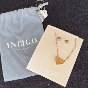 Indigo Gold Heart Necklace and Hexagon Earrings Set